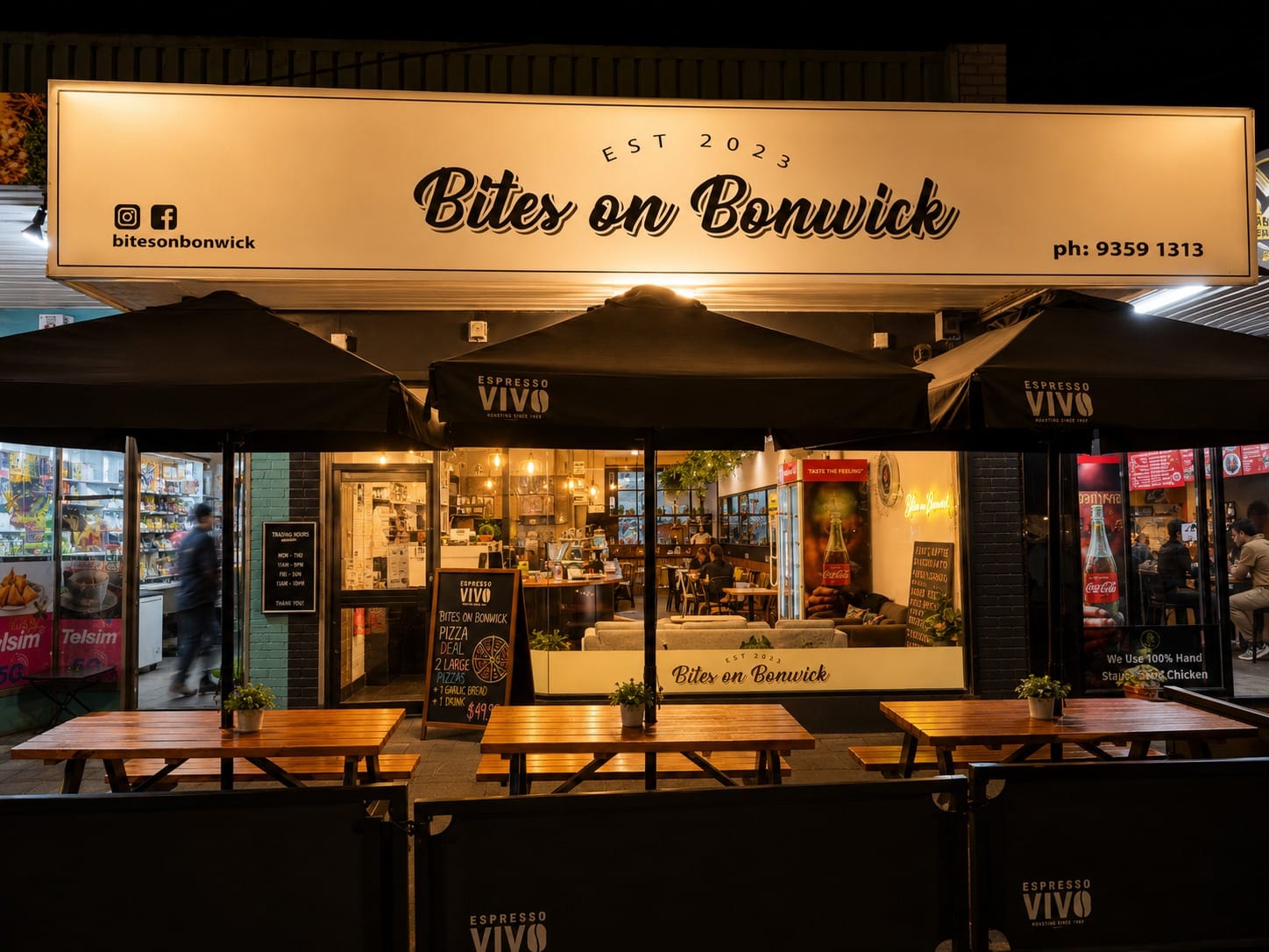 Front view of Bites on Bonwick café on Bonwick Street, Fawkner